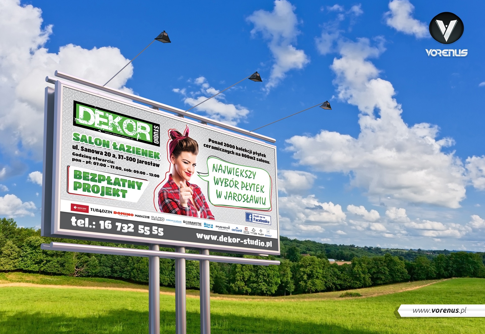 DEKOR Studio. Billboard wielkoformatowy 500x250cm. Oferta salonu łazienek i płytek ceramicznych. Styl vintage. Pin-up girl banner