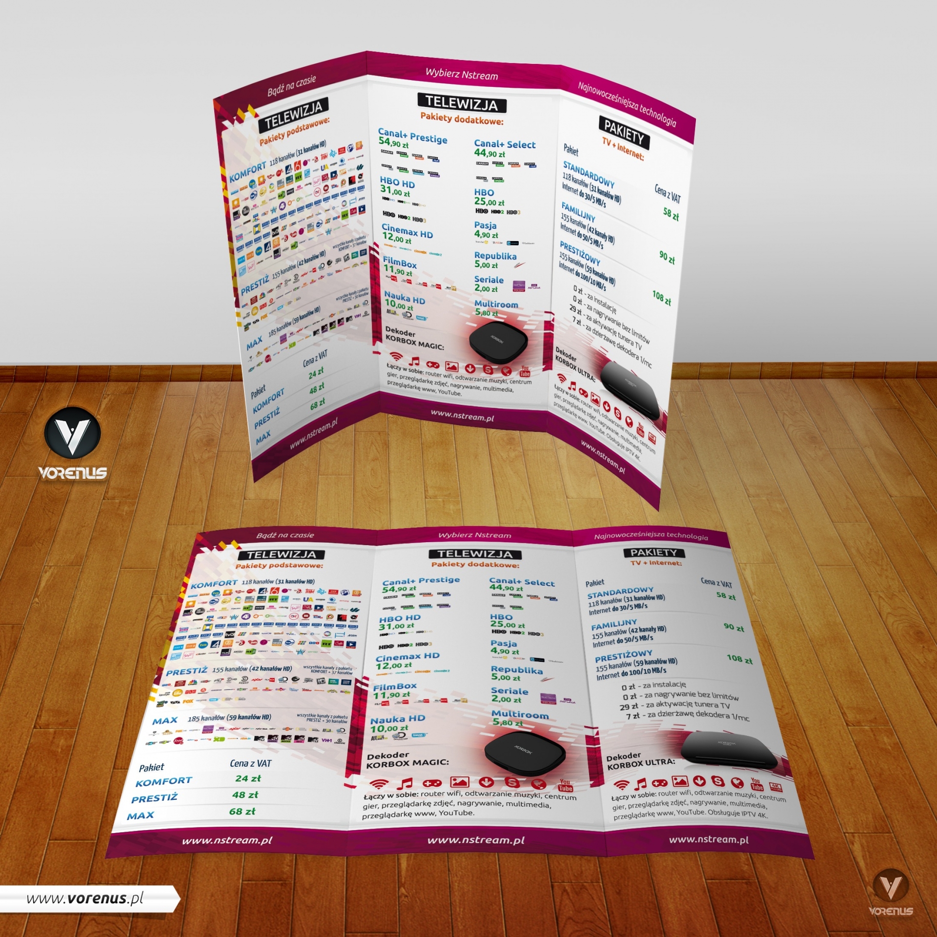 Nstream. Ulotka 3xDL. Oferta na internet, telefon i telewizję. Ulotka składana w C. Prezentacja strony wewnętrzne. Projekt ulotki VORENUS Agencja Interaktywna.