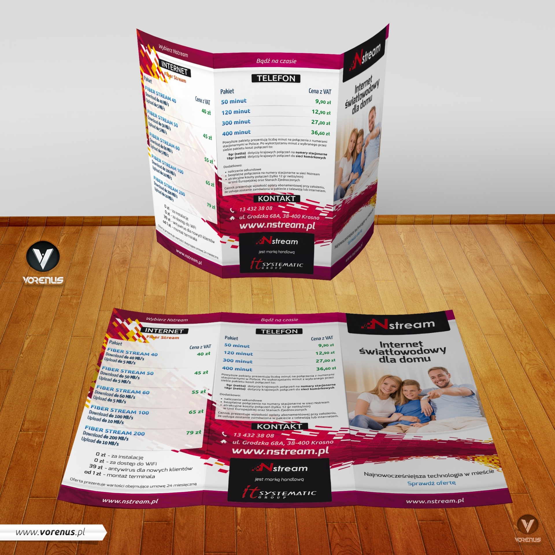 Nstream. Ulotka 3xDL. Oferta na internet, telefon i telewizję. Ulotka składana w C. Prezentacja strony zewnętrzne. Projekt ulotki VORENUS Agencja Interaktywna.