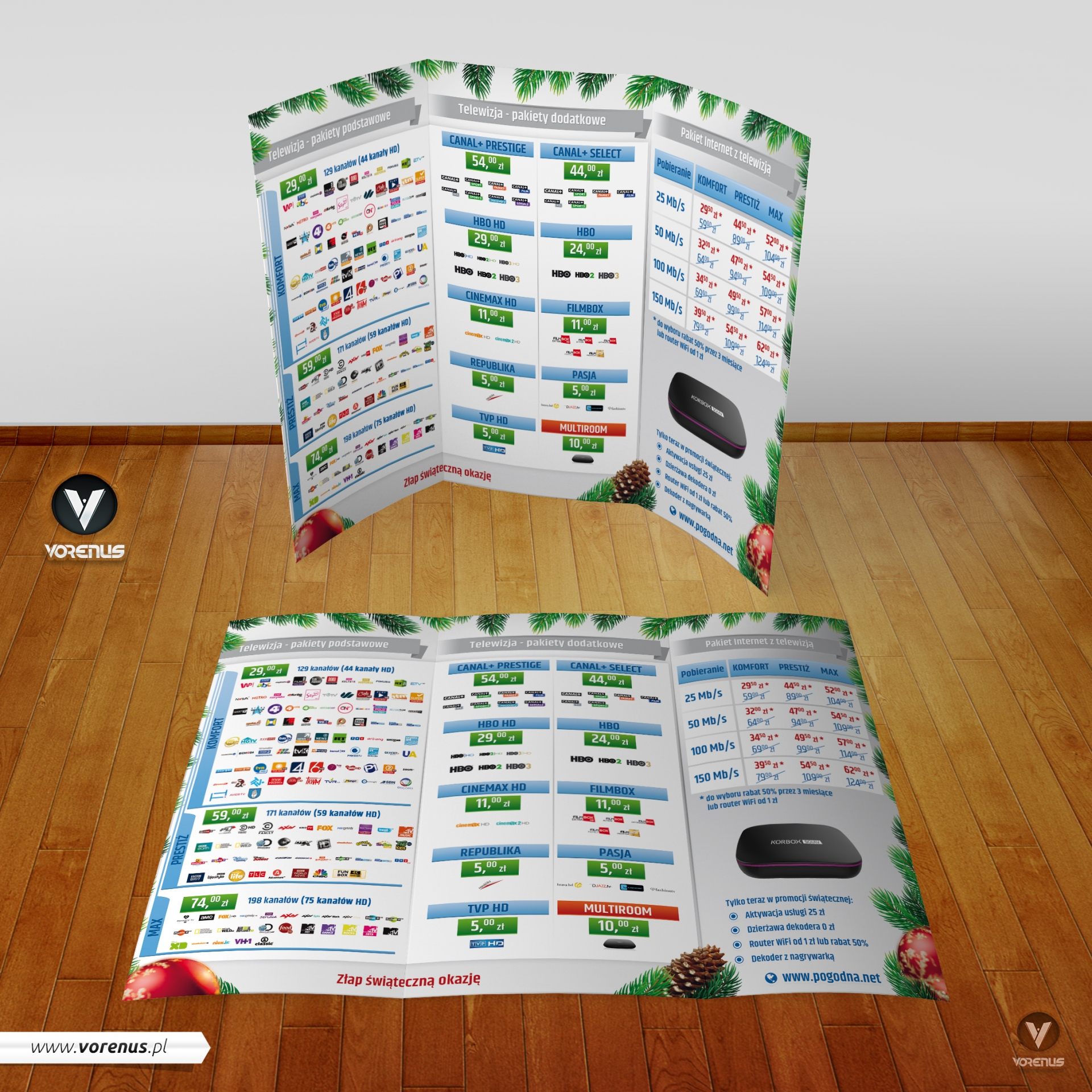 Pogodna.NET Ulotka składana A4 do DL w C. Prezentacja stron wewnętrznych. Biało szara ulotka 3DL. Zielone igły po bokach. Złap świąteczną okazję.