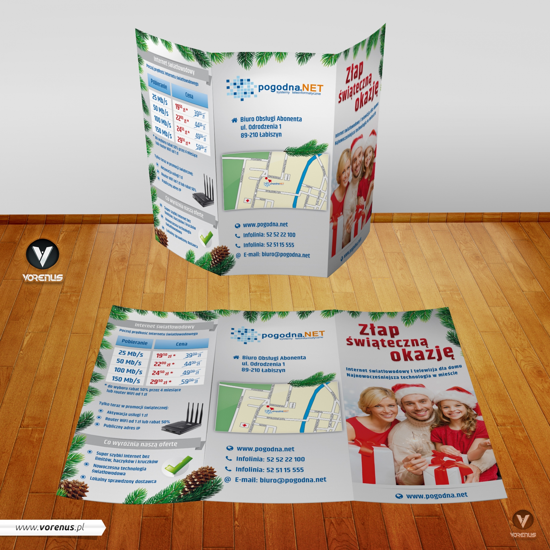 Pogodna.NET Ulotka składana A4 do DL w C. Prezentacja stron zewnętrznych. Oferta świąteczna. Boże Narodzenie. Jasna kolorystyka, świąteczne dodatki.