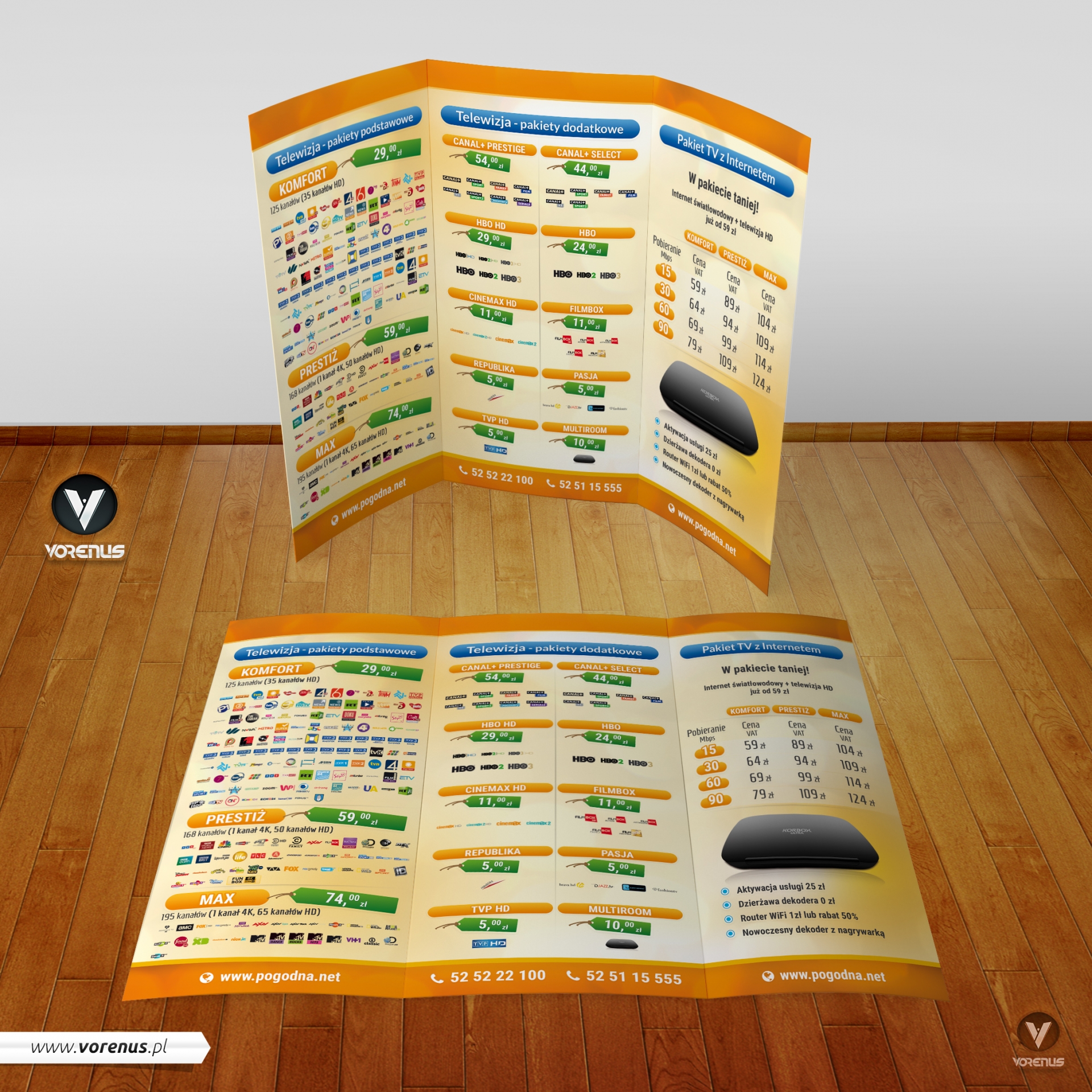 Pogodna.NET Ulotka składana A4 do DL w C. Prezentacja stron wewnętrznych. Jasna żółta kolorystyka. Oferta na lato. Usługi internetowe, telewizja i telefon. Pakiety. Ulotki składane. Projekt VORENUS.