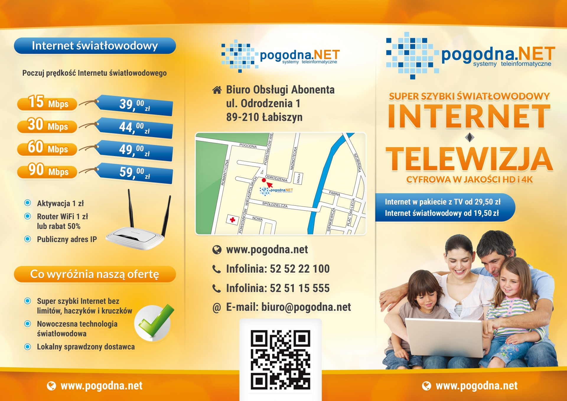 Pogodna.NET Ulotka składana A4 do DL w C. Strony zewnętrzne. Letnia kolorystyka. Żółta ulotka dla dostawcy internetu. Oferta usług. Profesjonalnie i ładnie.