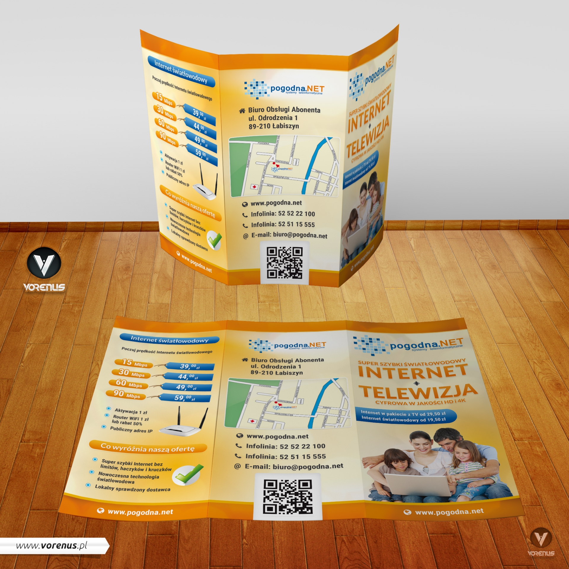 Pogodna.NET Ulotka składana A4 do DL w C. Prezentacja stron zewnętrznych. Letnia kolorystyka. Żółta ulotka dla dostawcy internetu. Oferta usług. Profesjonalnie i ładnie.