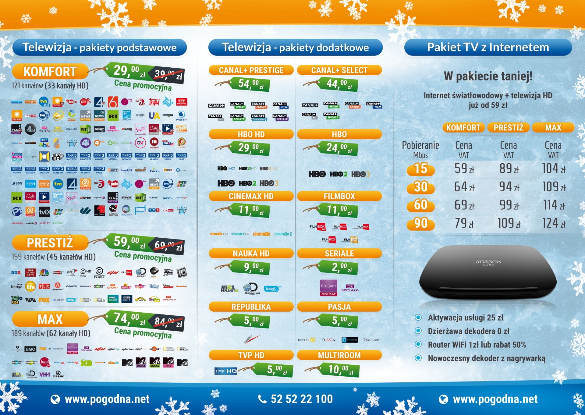 POGODNA.NET Ulotka składana 3xDL - Edycja zimowa, świąteczna. Projekt łamanej ulotki dla dostawcy internetu i telewizji. Strony wewnętrzne. Ładnie wygląda. Przejrzyście.