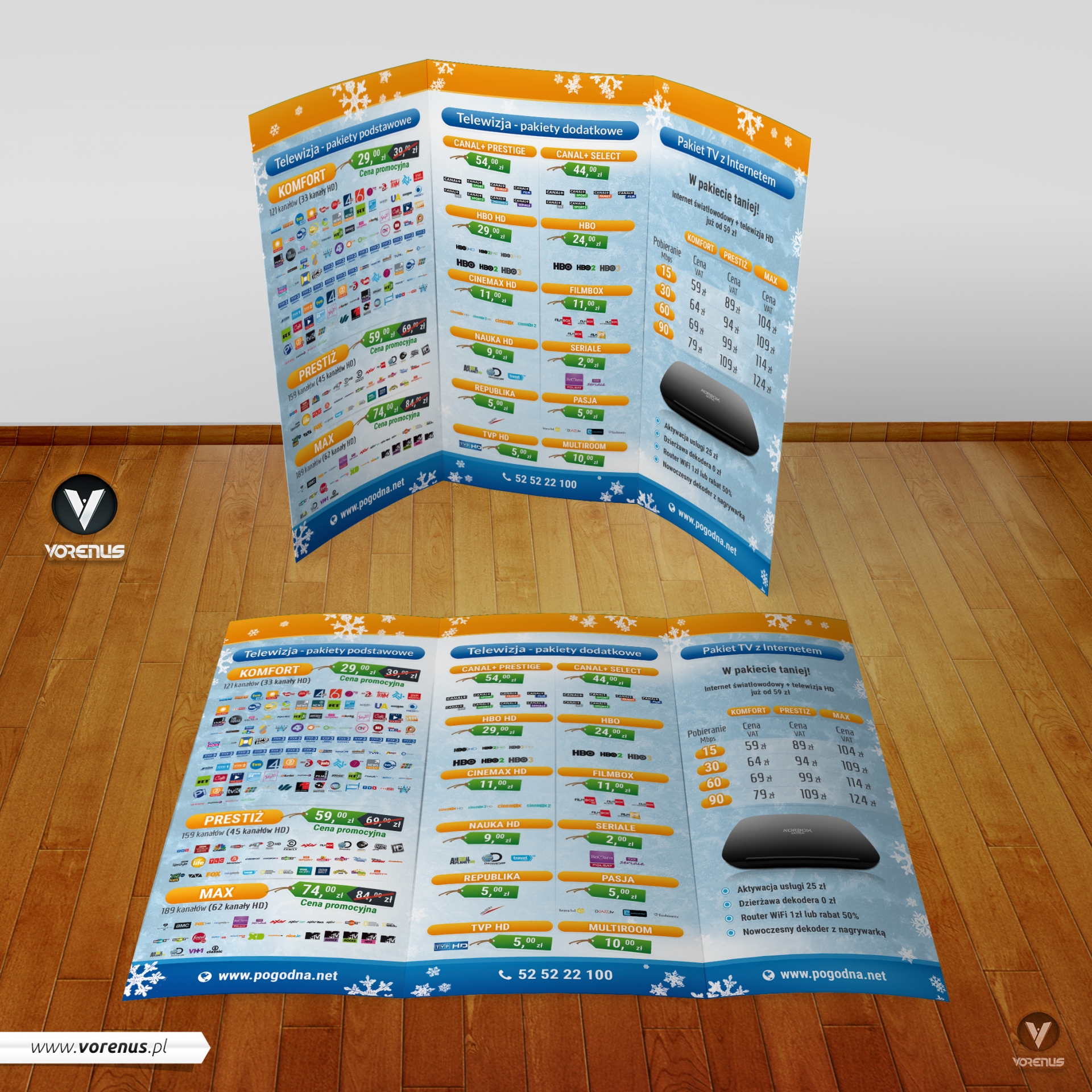 POGODNA.NET Ulotka składana 3xDL - Edycja zimowa, świąteczna. Oferta ISP Internet i Telewizja HD. Projekt ulotki składanej Agencja Interaktywna VORENUS. Strony wewnętrzne