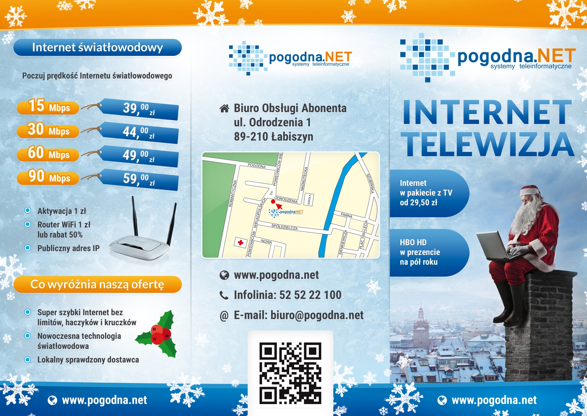 POGODNA.NET Ulotka składana 3xDL - Edycja zimowa, świąteczna. Projekt łamanej ulotki dla dostawcy internetu i telewizji. Strony zewnętrzne. Ładny wygląd. Przejrzystość.