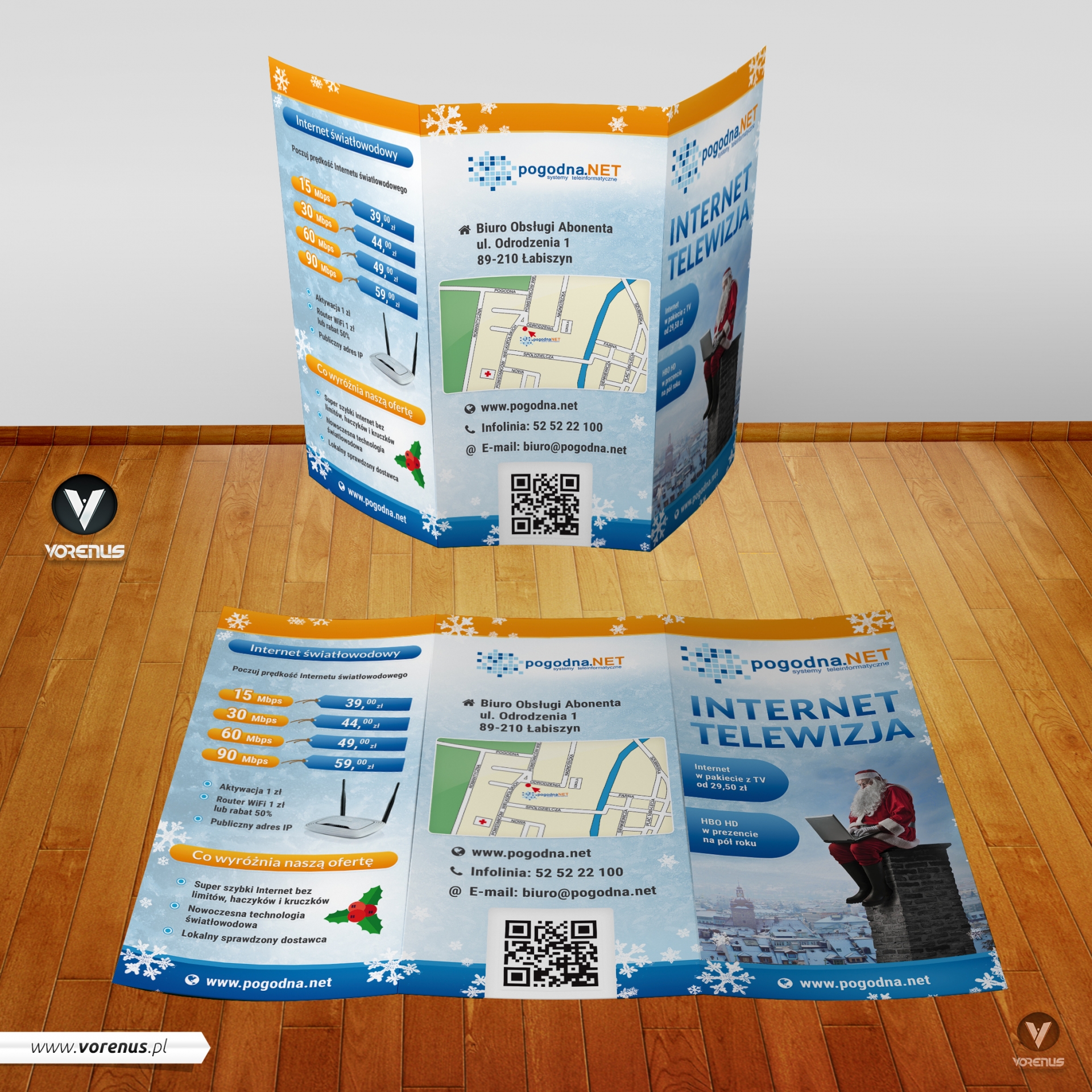 POGODNA.NET Ulotka składana 3xDL - Edycja zimowa, świąteczna. Oferta ISP Internet i Telewizja HD. Projekt ulotki składanej Agencja Interaktywna VORENUS. Strony zewnętrzne