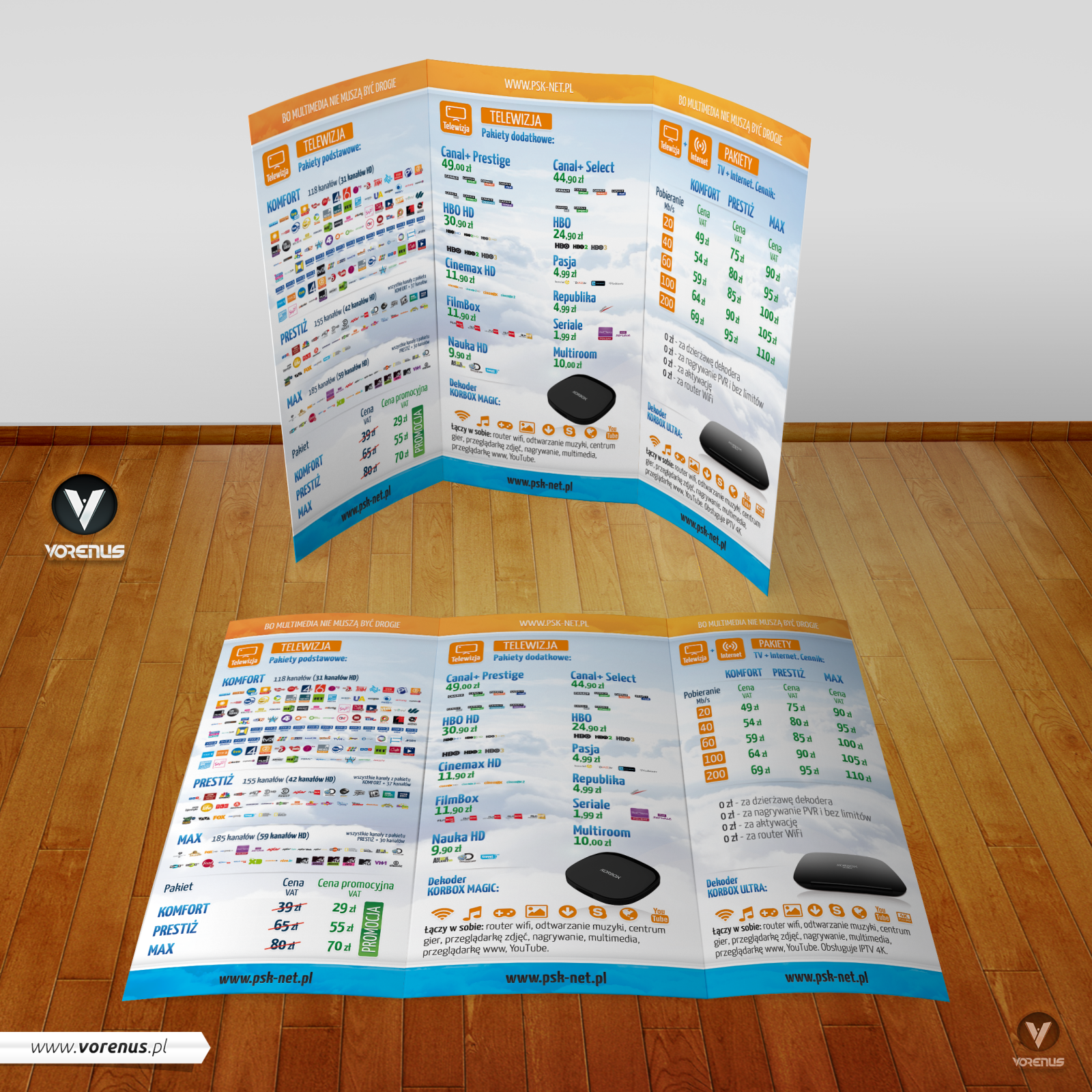 PSK-NET Ulotka 3xDL. Oferta TV HD plus Internet. Prezentacja ulotki trójdzielnej. Strony wewnętrzne. Oferta ISP. Rodzinna. Najtańsza oferta w mieście.