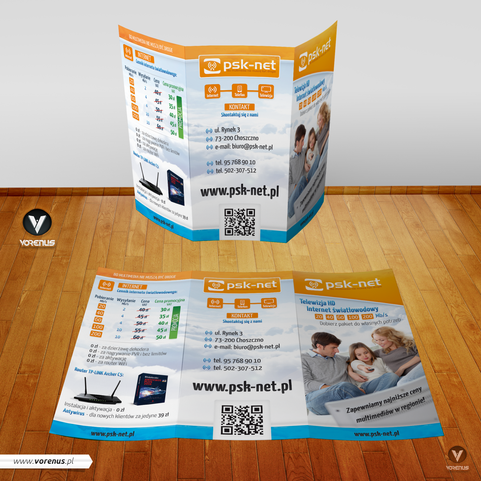 PSK-NET Ulotka 3xDL. Oferta TV HD plus Internet. Prezentacja ulotki trójdzielnej. Strony zewnętrzne. Oferta ISP. Rodzina. Najtańsza oferta na rynku