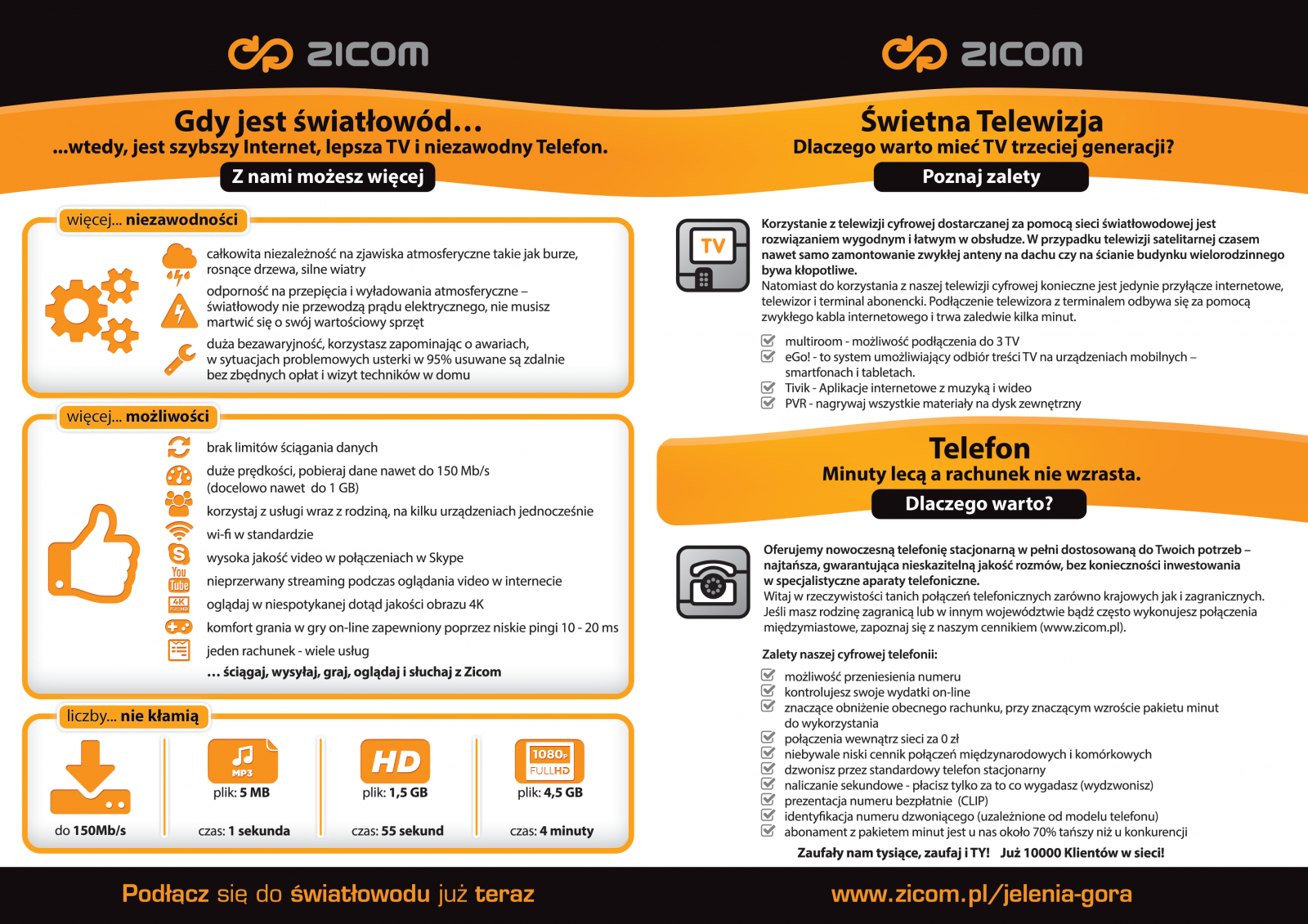 ZICOM - Ulotka A4 do A5. Światłowód. Strony wewnętrzne ulotki na oddział Jelenia Góra. Dlaczego światłowód FTTH. Korzyści i zalety. Internet telefon TV. Oferta i jej cechy.