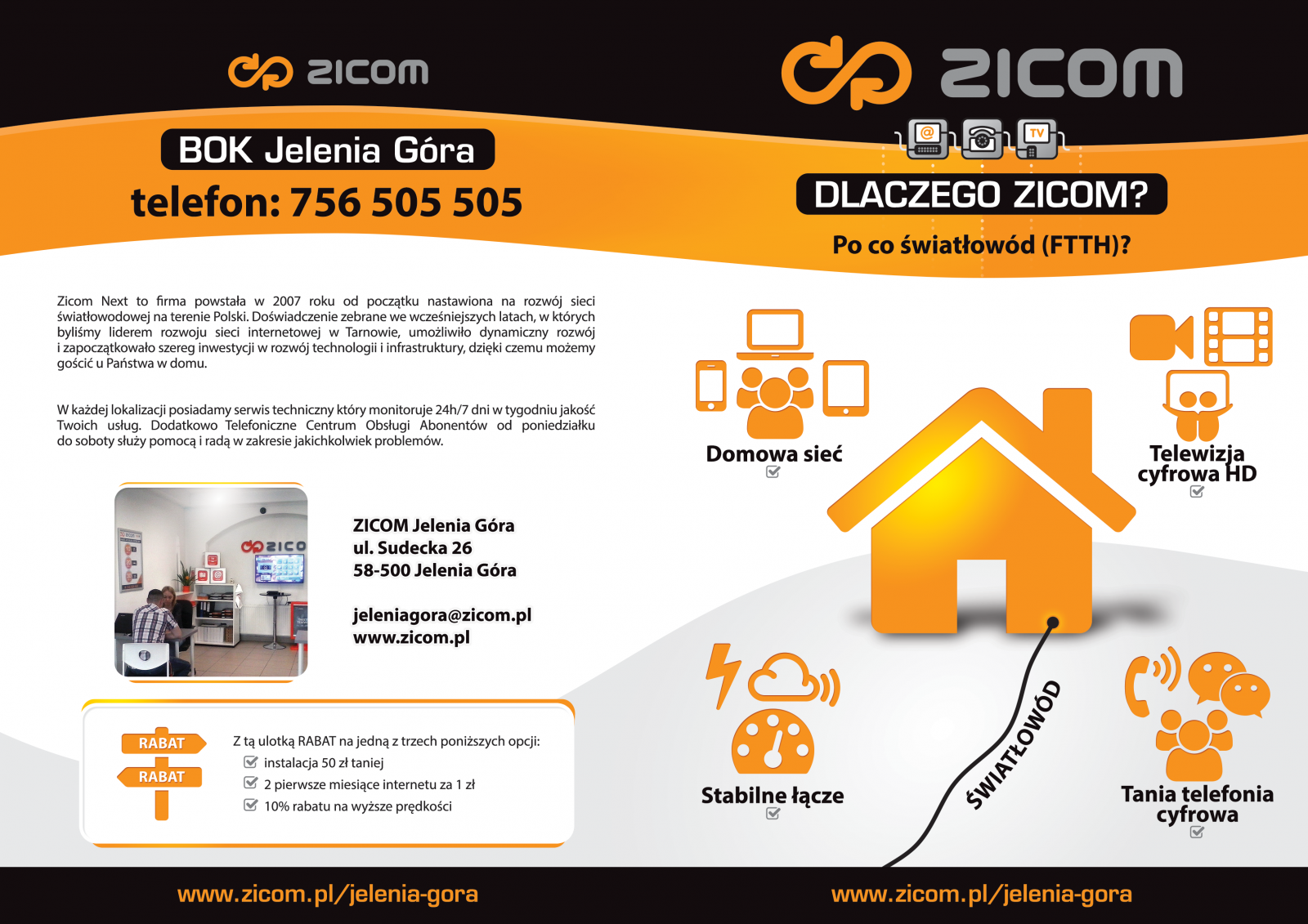 ZICOM - Ulotka A4 do A5. Światłowód. Strony zewnętrzne ulotki na oddział Jelenia Góra. Dlaczego światłowód FTTH. Korzyści i zalety. Internet telefon TV. Oferta Zicom, BOK Jelenia Góra