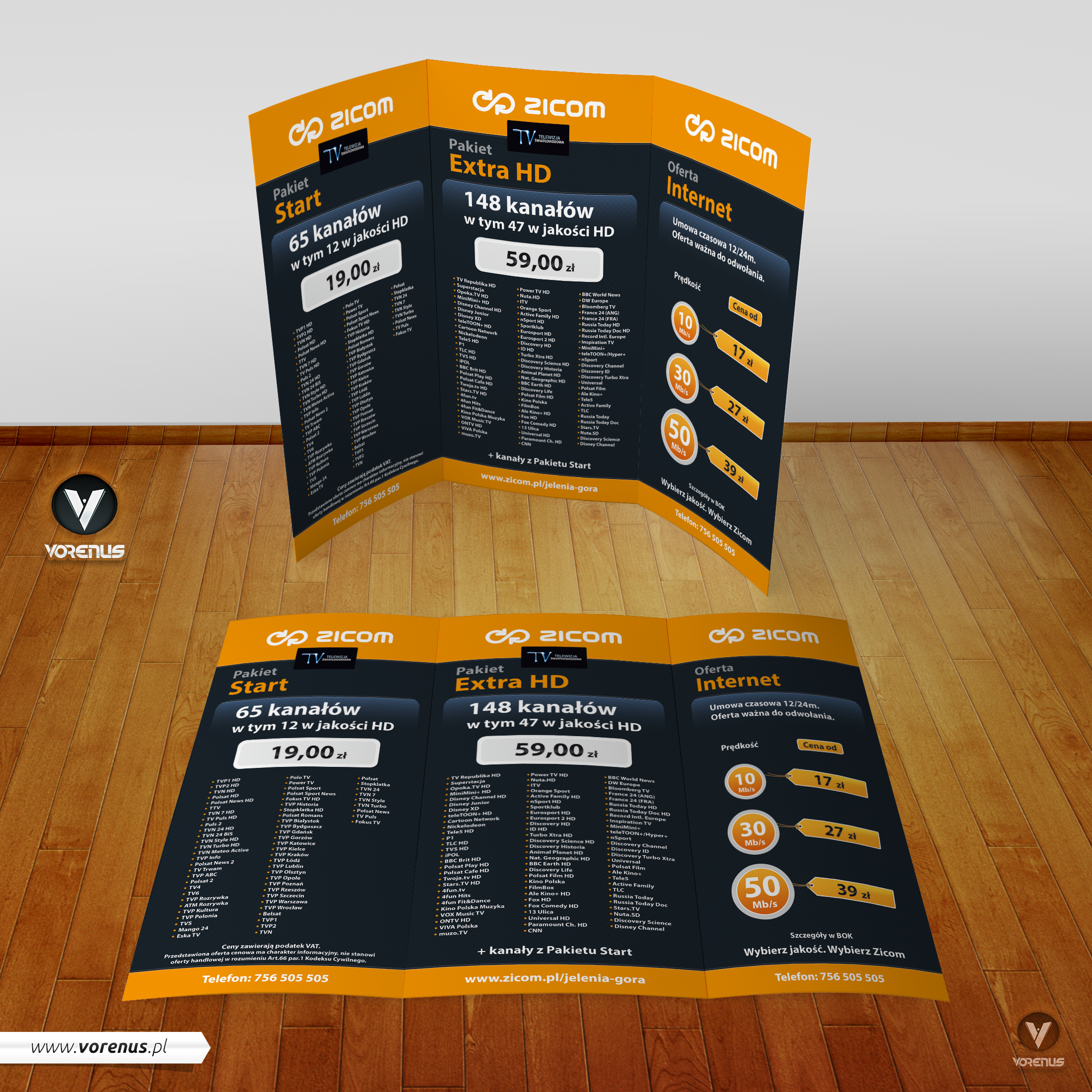 ZICOM Projekt graficzny ulotki 3DL Try and Buy. Oferta na Internet i TV HD. Ulotka 3xDL dla ISP. Zarojektowanie grafiki wykonała Agencja Interaktywna VORENUS z Jarosławia.