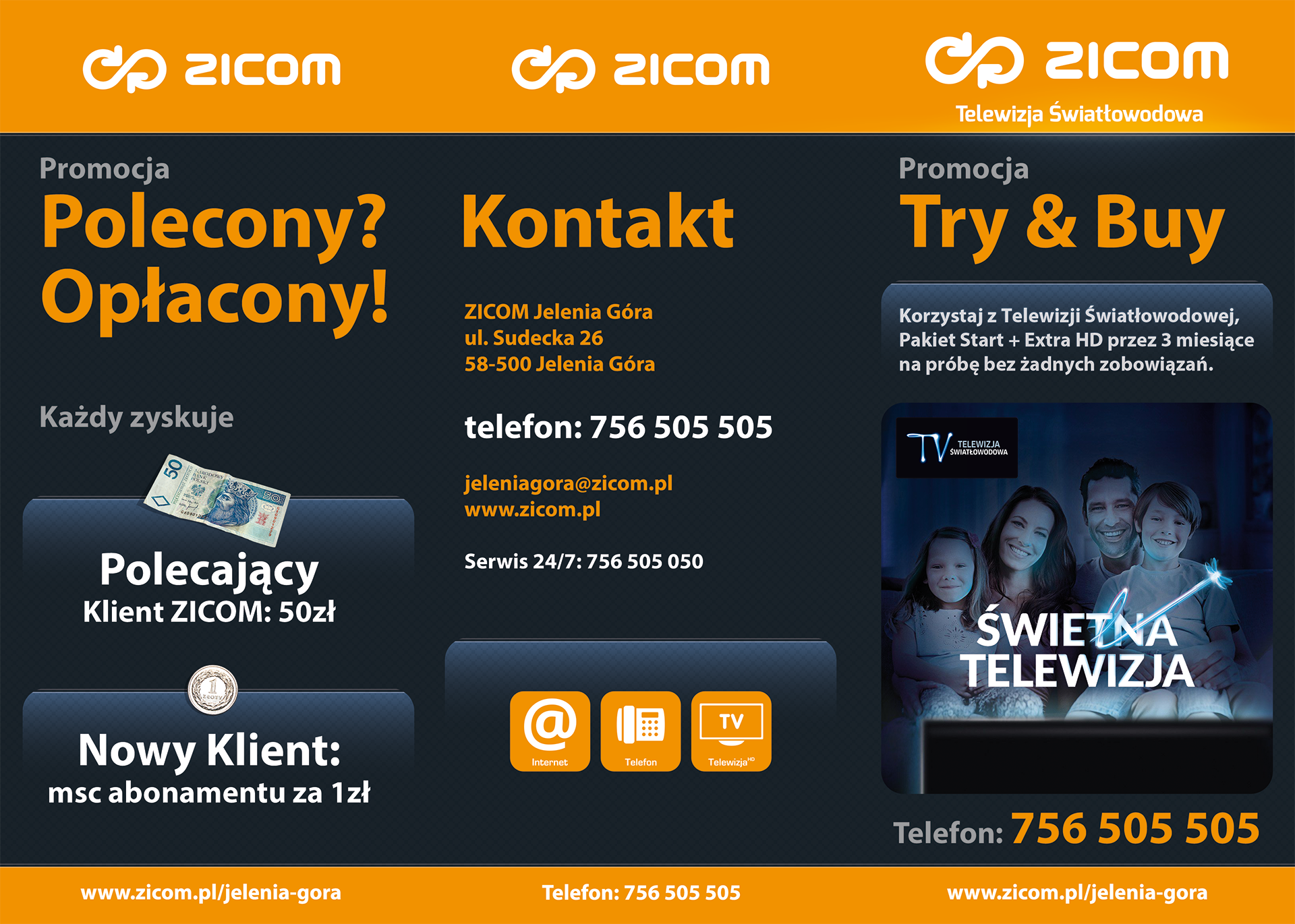 ZICOM Projekt graficzny ulotki 3DL Try and Buy. Oferta telewizji światłowodowej i internetu. Ulotki dla ISP. Grafika - Agencja Interaktywna VORENUS w Jarosławiu.