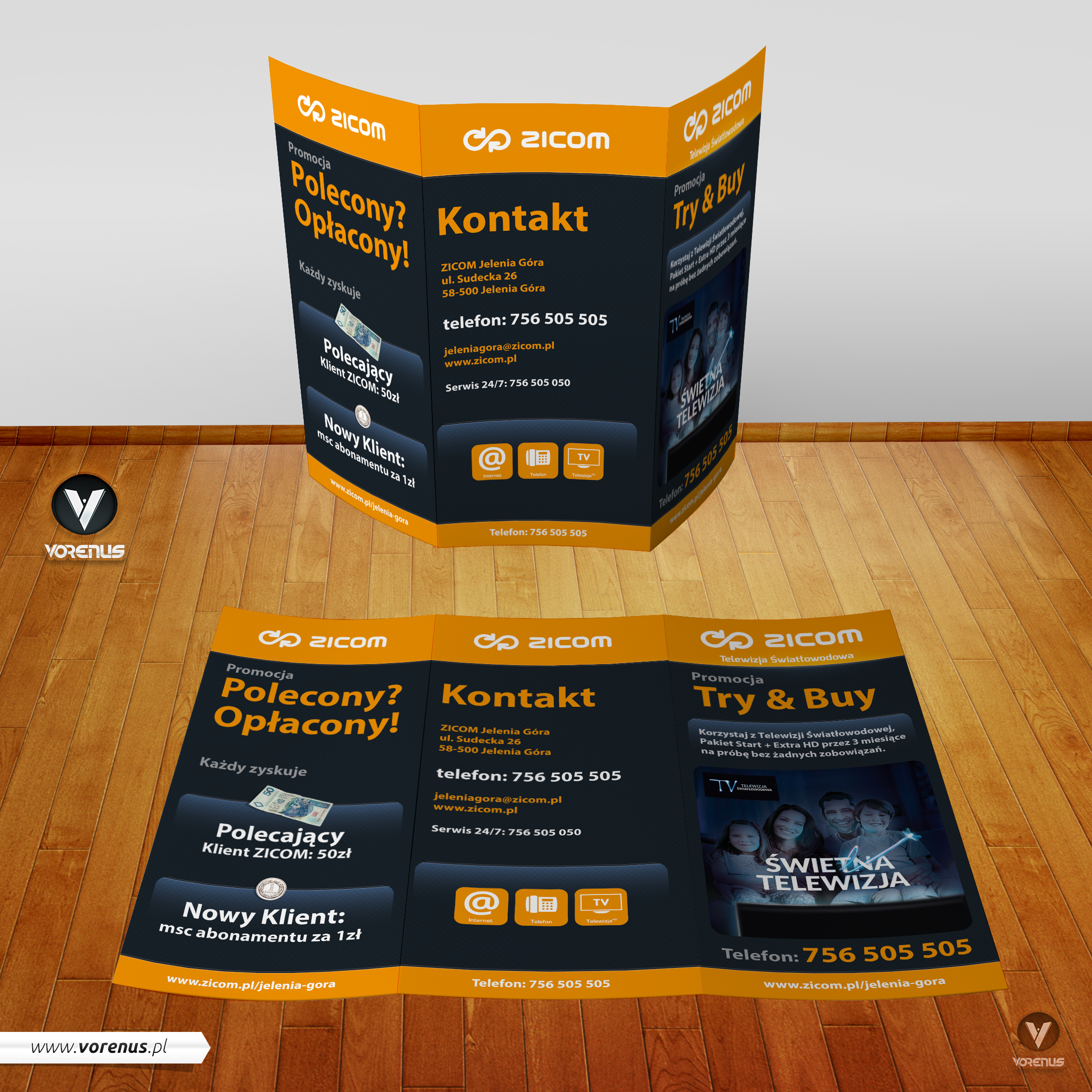 ZICOM Projekt graficzny ulotki 3DL Try and Buy. Oferta telewizji światłowodowej i internetu. Ulotki dla ISP. Projektowanie grafiki Agencja Interaktywna VORENUS z Jarosławia.