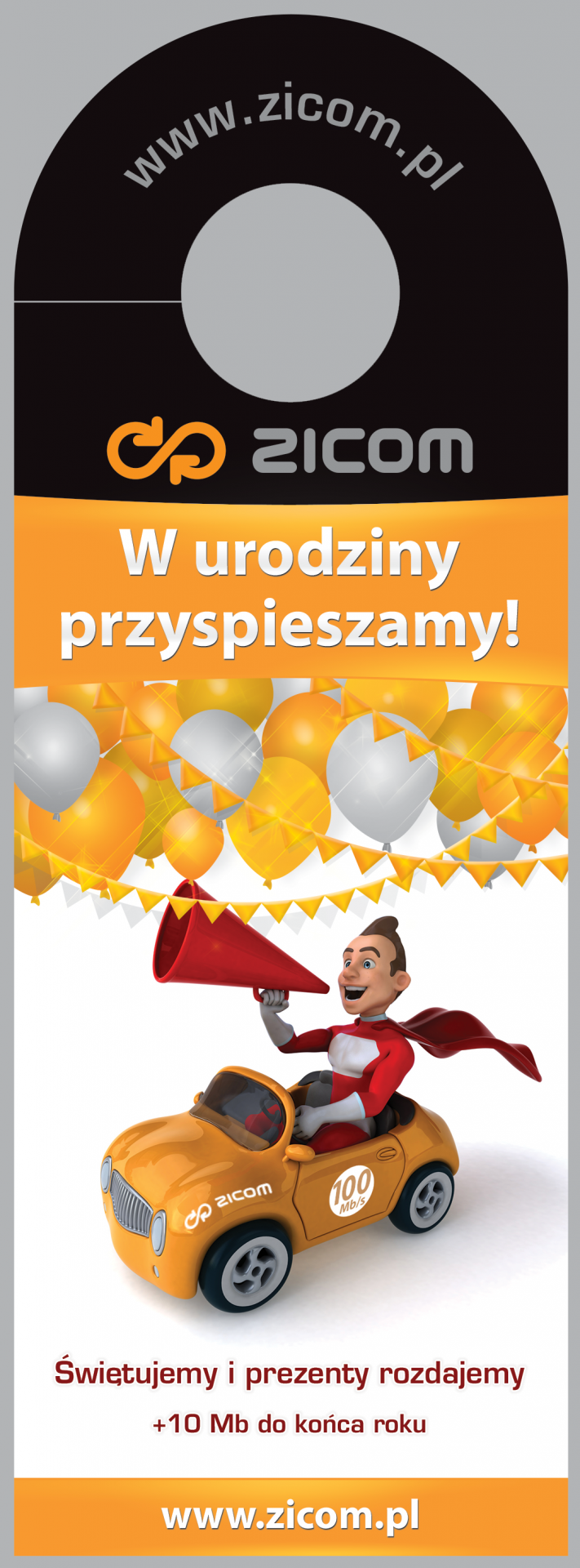 ZICOM - Projekt zawieszki na klamkę 85x236mm informującej o urodzinach BOK ZICOM Jelenia Góra. Promocje i prezenty na specjalną okazję.